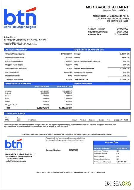 Modèle Word et PDF de relevé hypothécaire de la Banque indonésienne Tabungan Negara (BTN)